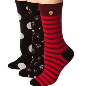 3 KATE SPADE Red Brown Stripe Floral Polka Dot Trouser Crew Socks NIP